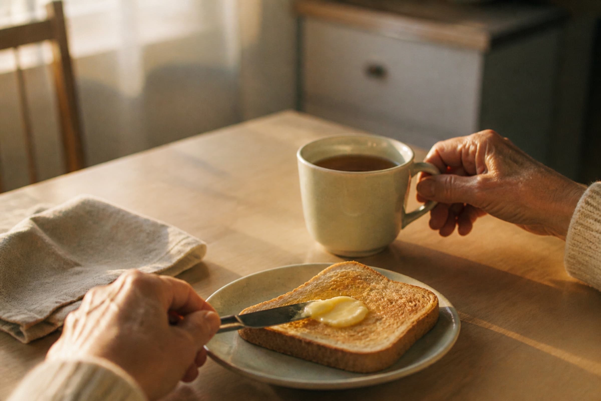 Hands at a sunlit table, buttering toast and holding tea