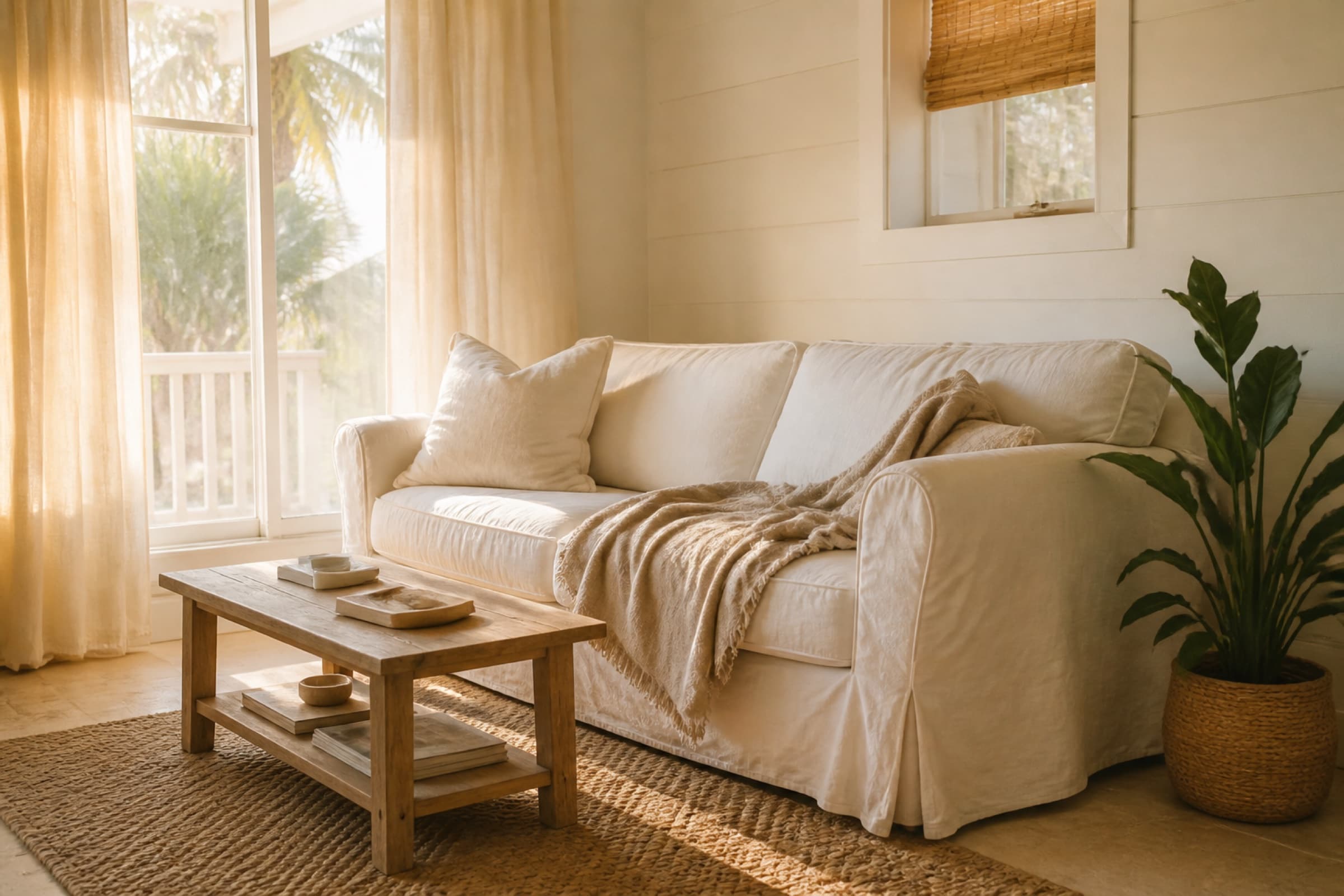Sunlit coastal living room ready for a home visit