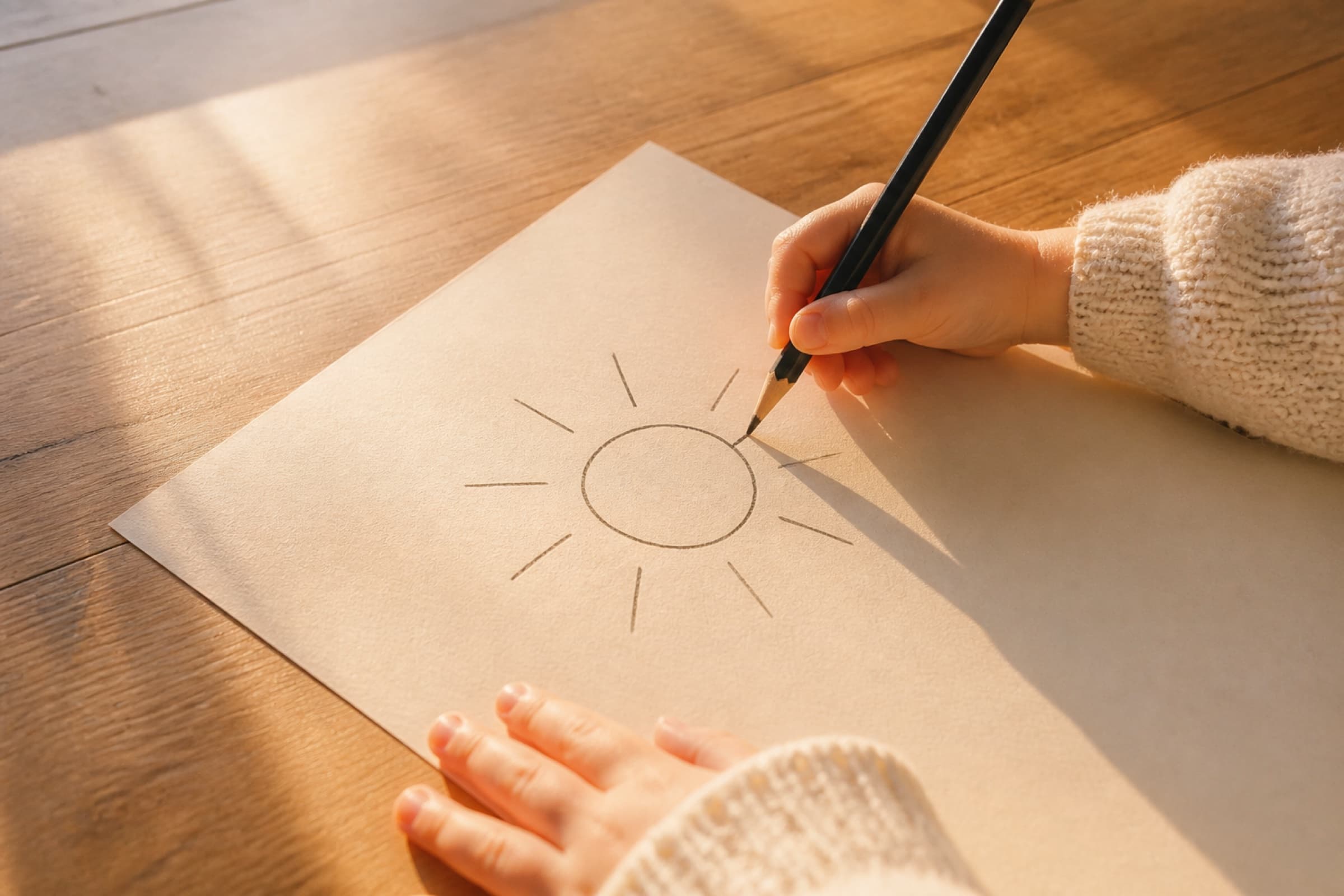 Child drawing a sun on paper